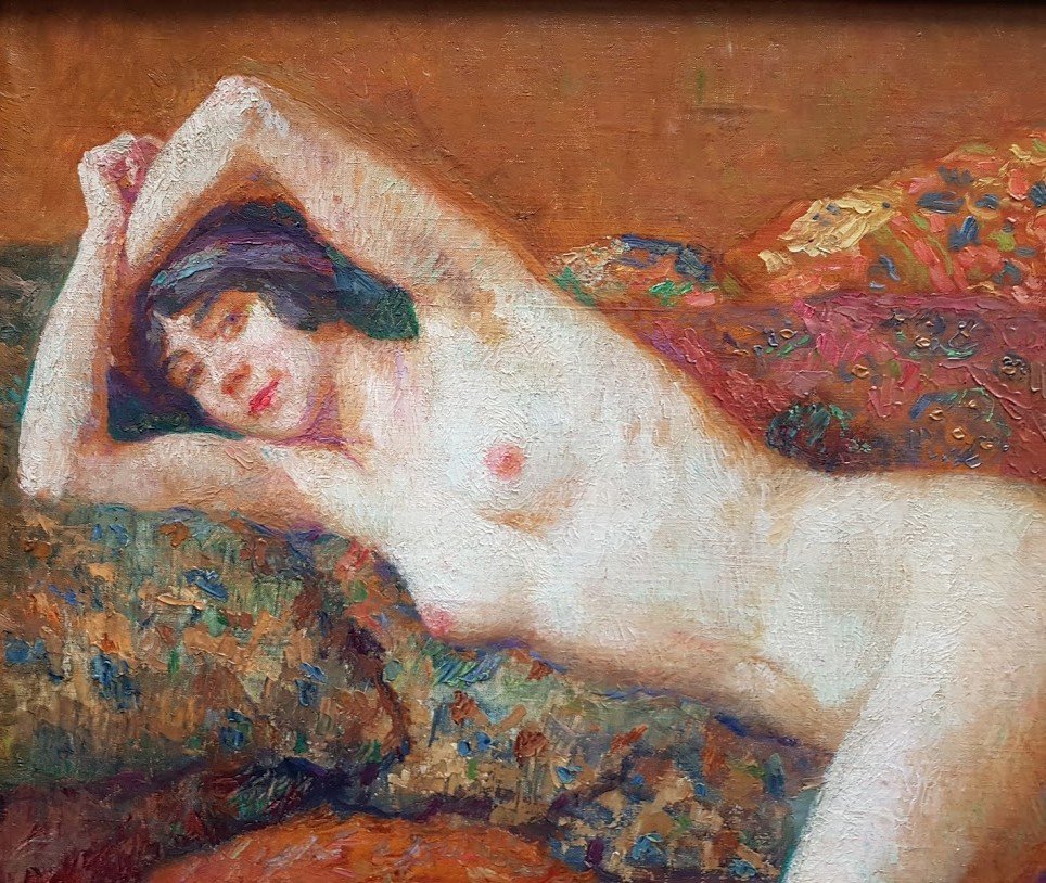 An Oil On Canvas, Naked Woman On Sofa By Albert Charpentier-photo-2