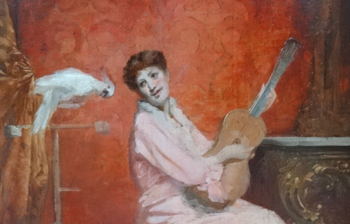 Huile Sur Toile, Femme Et Son Perroquet, 19ème -photo-3