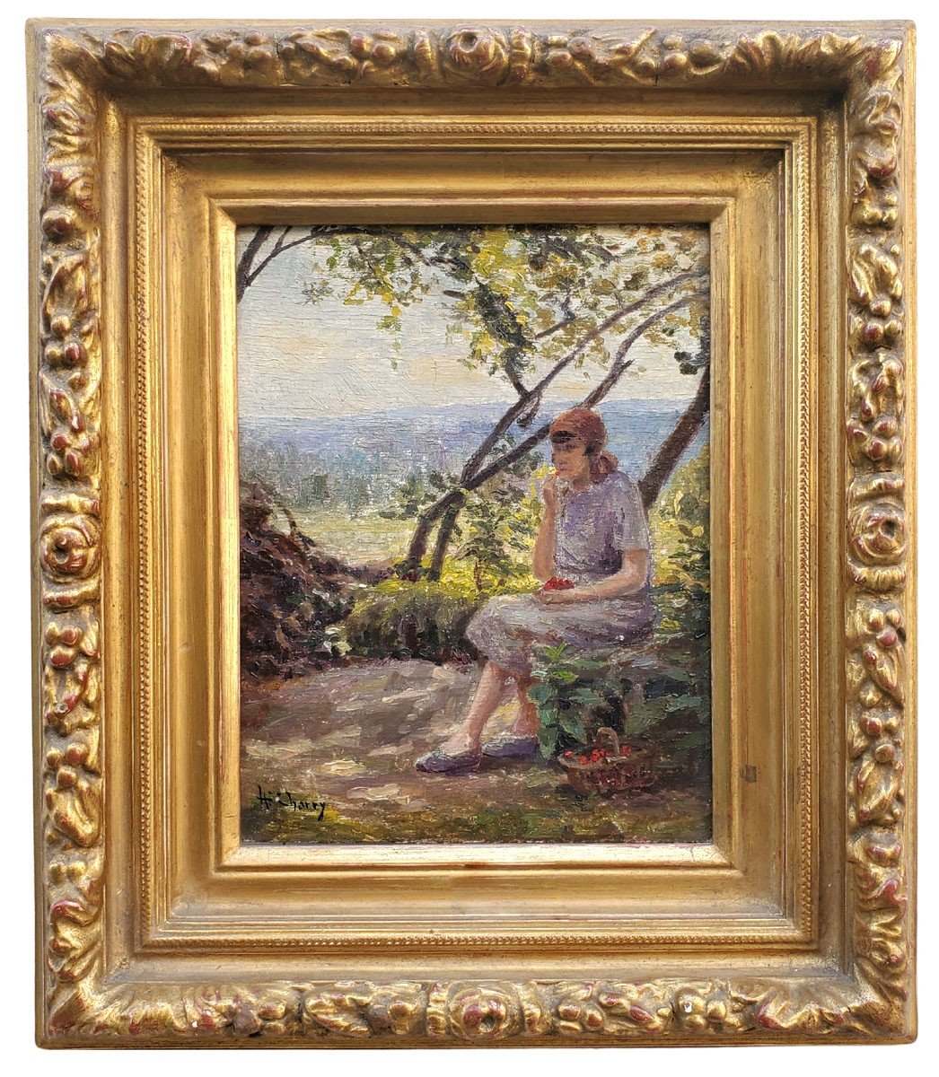 An Oil On Panel, Woman Under A Tree By Henry Charry