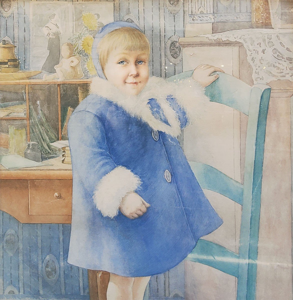 Large Watercolor, Little Girl By E Bernard-photo-2