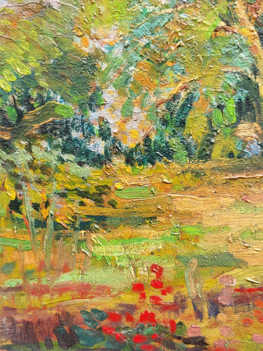 Oil On Cardboard, Landscape Under Wood, Early 20th-photo-4