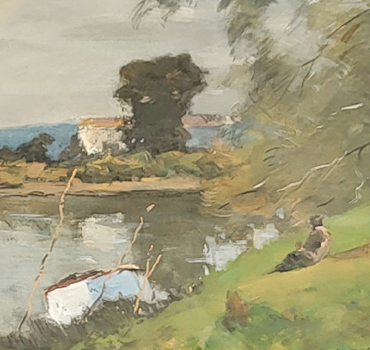 Une Gouache, Pecheur En Bord De Rivière Apr Alexandre Cabie-photo-3