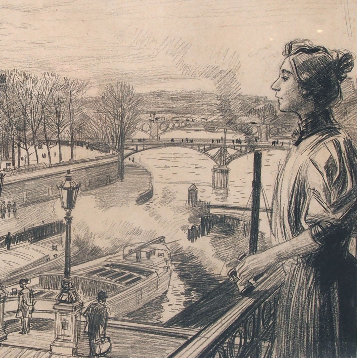 A Drawing, The Seine And The Pont Des Arts By Oswald Heindbrinck-photo-2