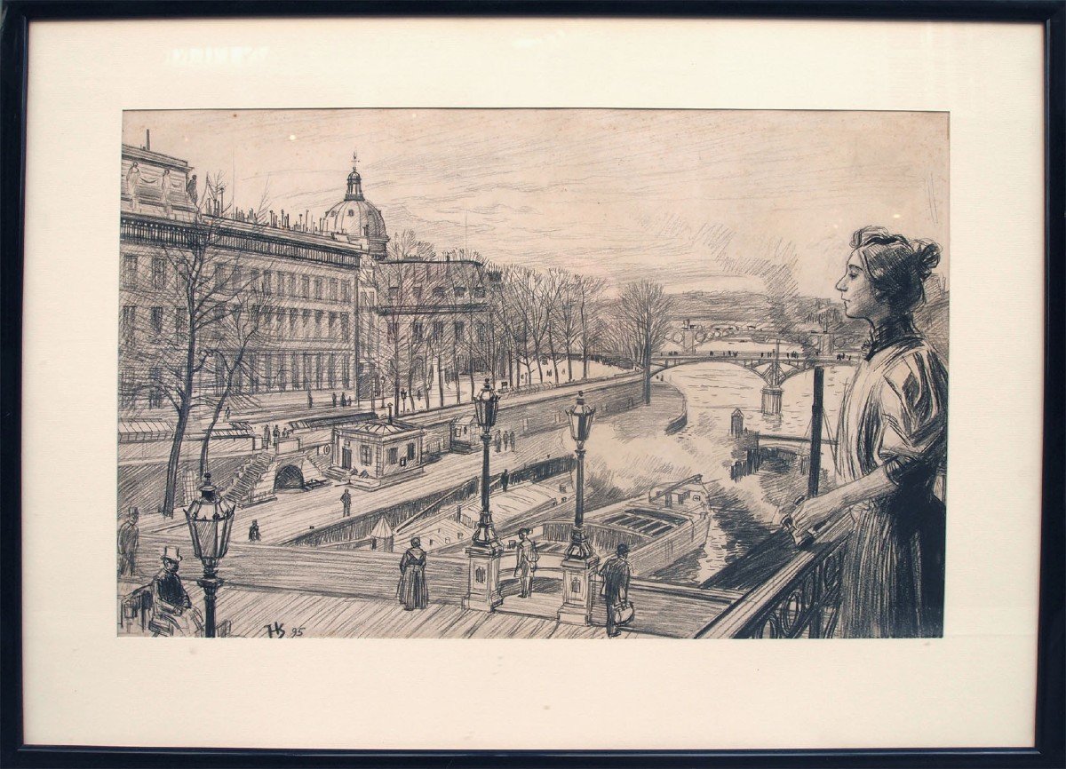 A Drawing, The Seine And The Pont Des Arts By Oswald Heindbrinck