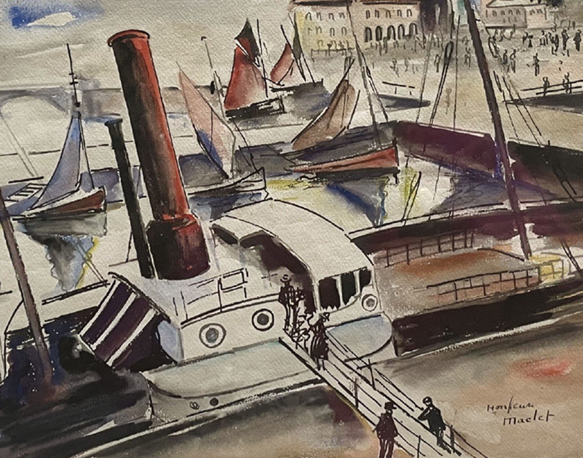 Aquarelle, Port d'Honfleur Par Elisée Maclet -photo-3