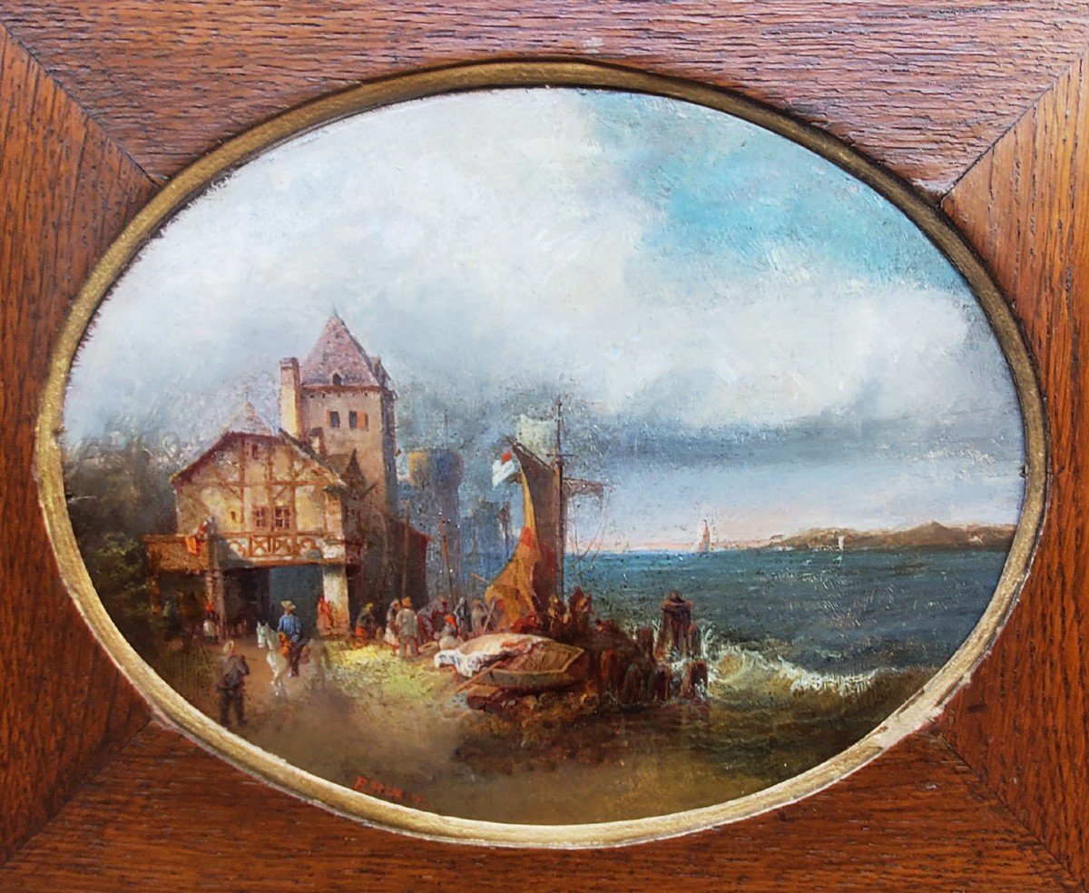 A Pair Of Oils On Wood, Seaside Villages By Huron-photo-4