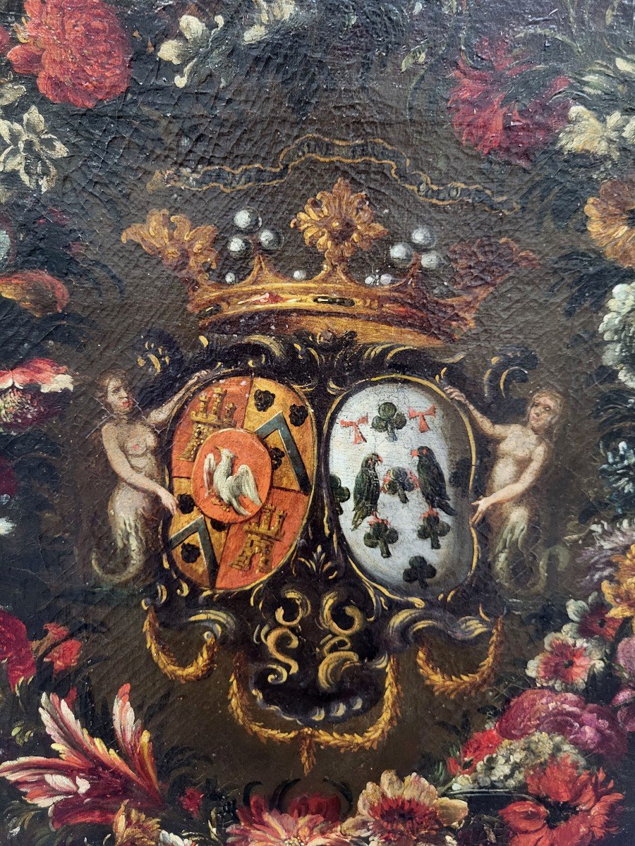 Oil On Canvas, Coat Of Arms With Wreath Of Flowers From The 17th Century-photo-2