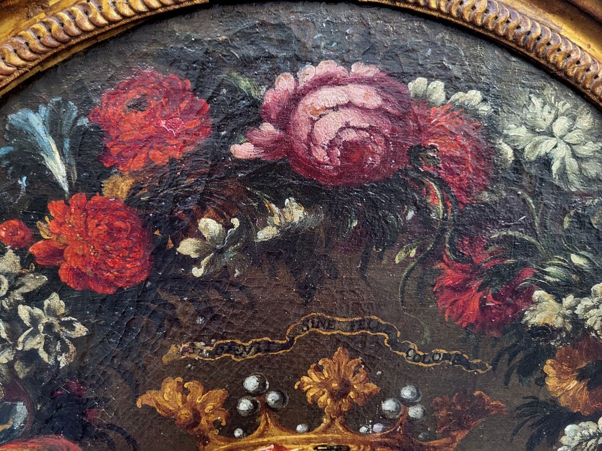 Oil On Canvas, Coat Of Arms With Wreath Of Flowers From The 17th Century-photo-3