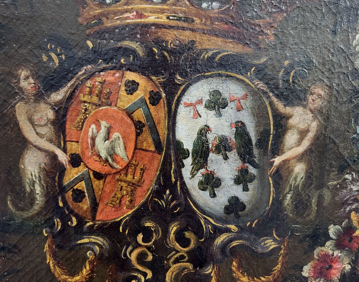 Oil On Canvas, Coat Of Arms With Wreath Of Flowers From The 17th Century-photo-1