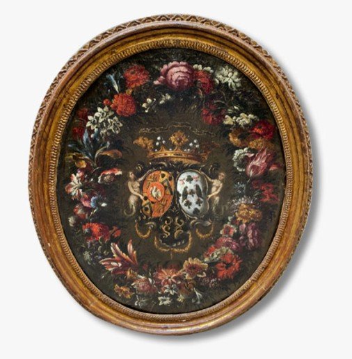 Oil On Canvas, Coat Of Arms With Wreath Of Flowers From The 17th Century