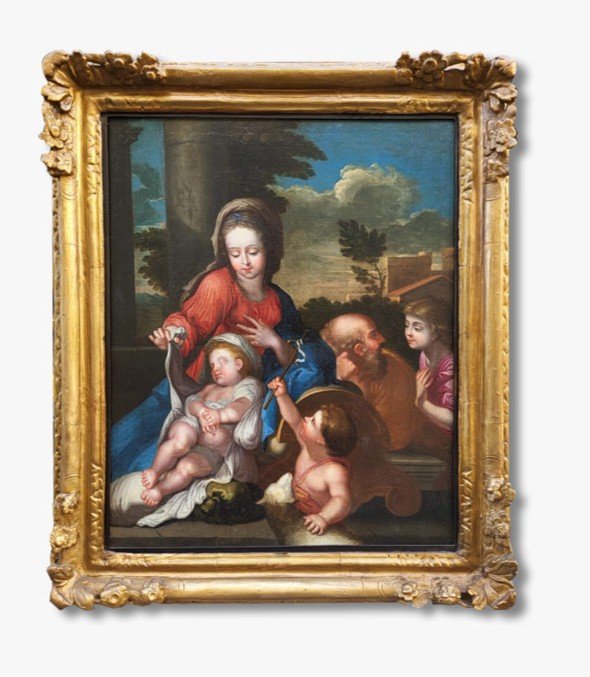 Oil On Canvas, Saitne Family And Saint John The Baptist Follower Of Sébastien Bourdon 