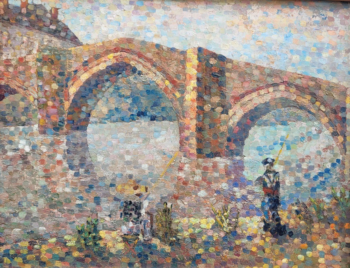 Une Huile Sur Panneau, Pont De Paris Avec Pêcheur, école Pointilliste -photo-2