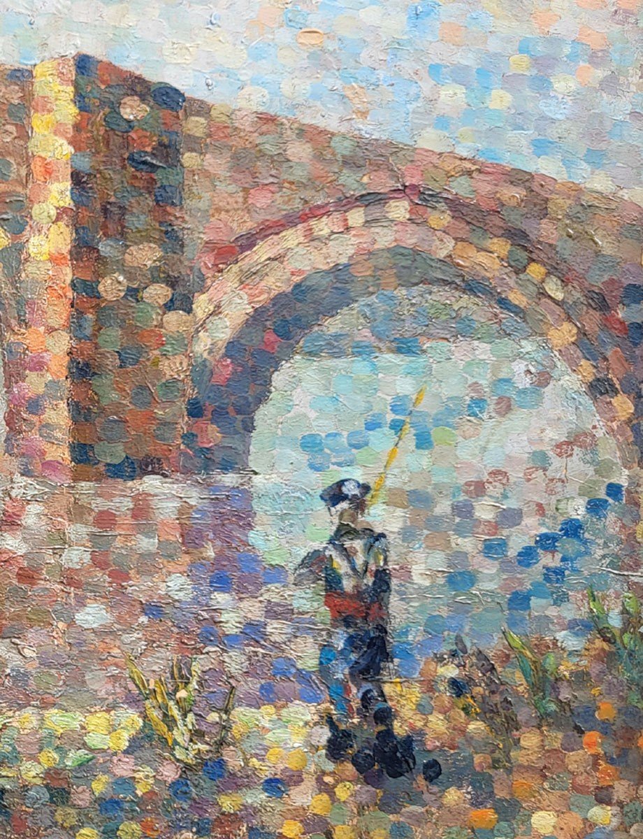 Une Huile Sur Panneau, Pont De Paris Avec Pêcheur, école Pointilliste -photo-3