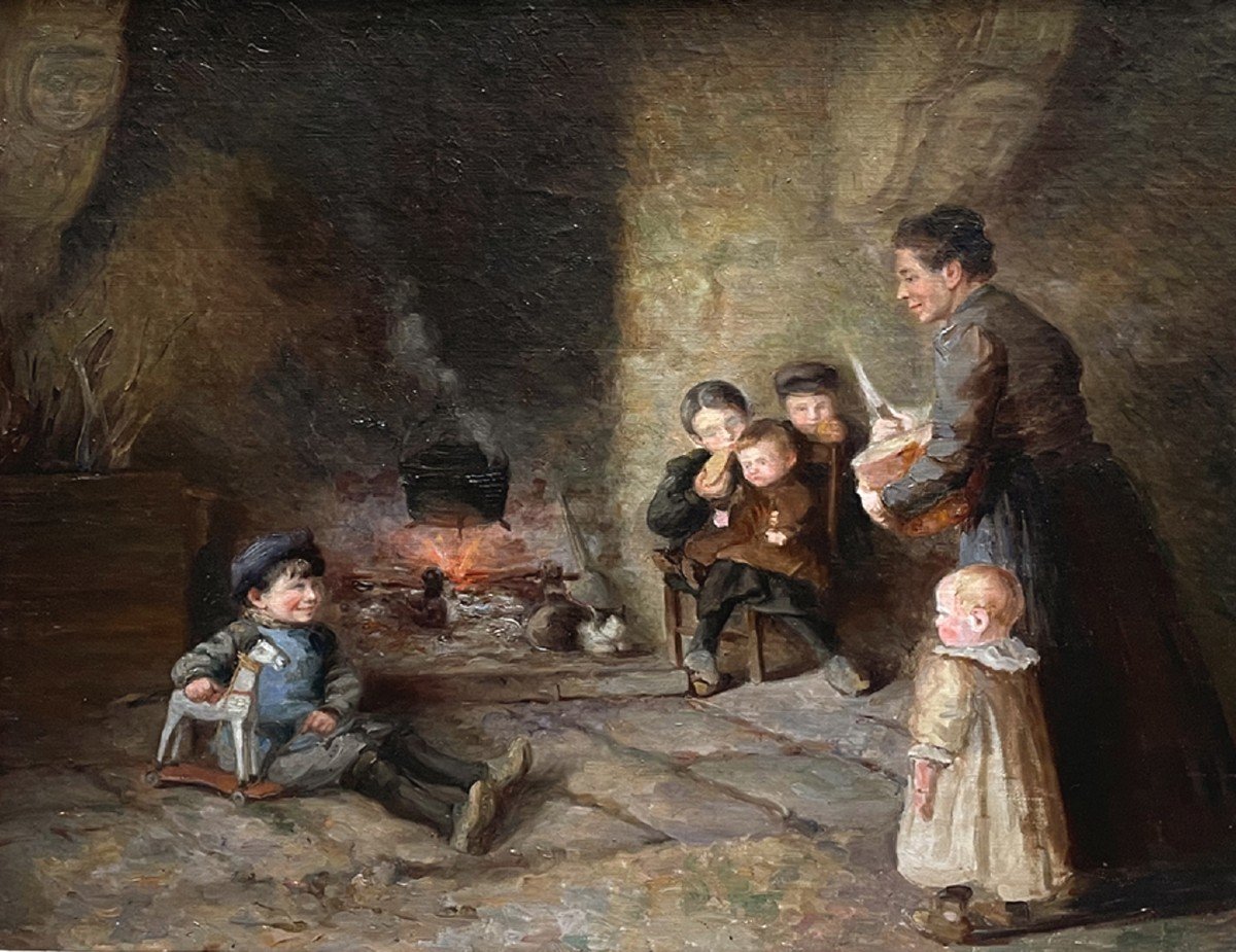 Une Huile Surt Toile, Enfants Jouant Dans La Cuisine Par Fernande Sadler -photo-2