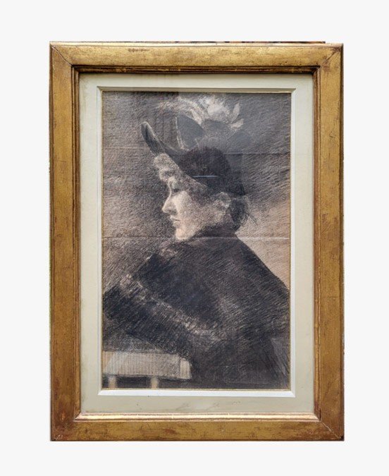 Charcoal, Elegante With A Hat By Norbert Goeneutte 