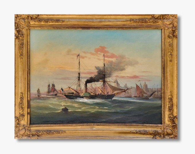 Oil On Canvas, Navy, Boats In Port, Early 19th 