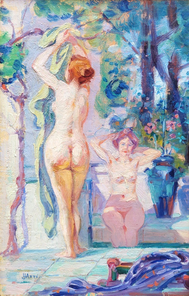 An Oil On Canvas, Women Bathing By Jean Louis Aste-photo-2