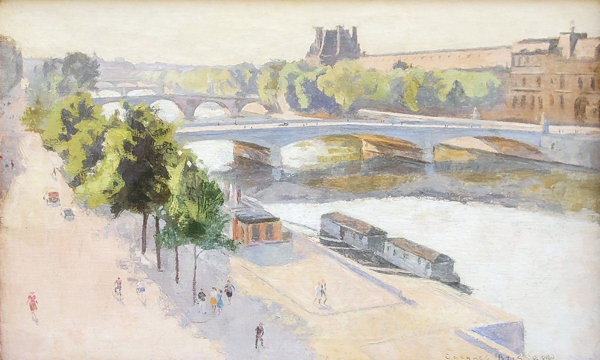 Huile Sur Toile, Le Louvre Et La Seine Par Jacques Brissaud-photo-2