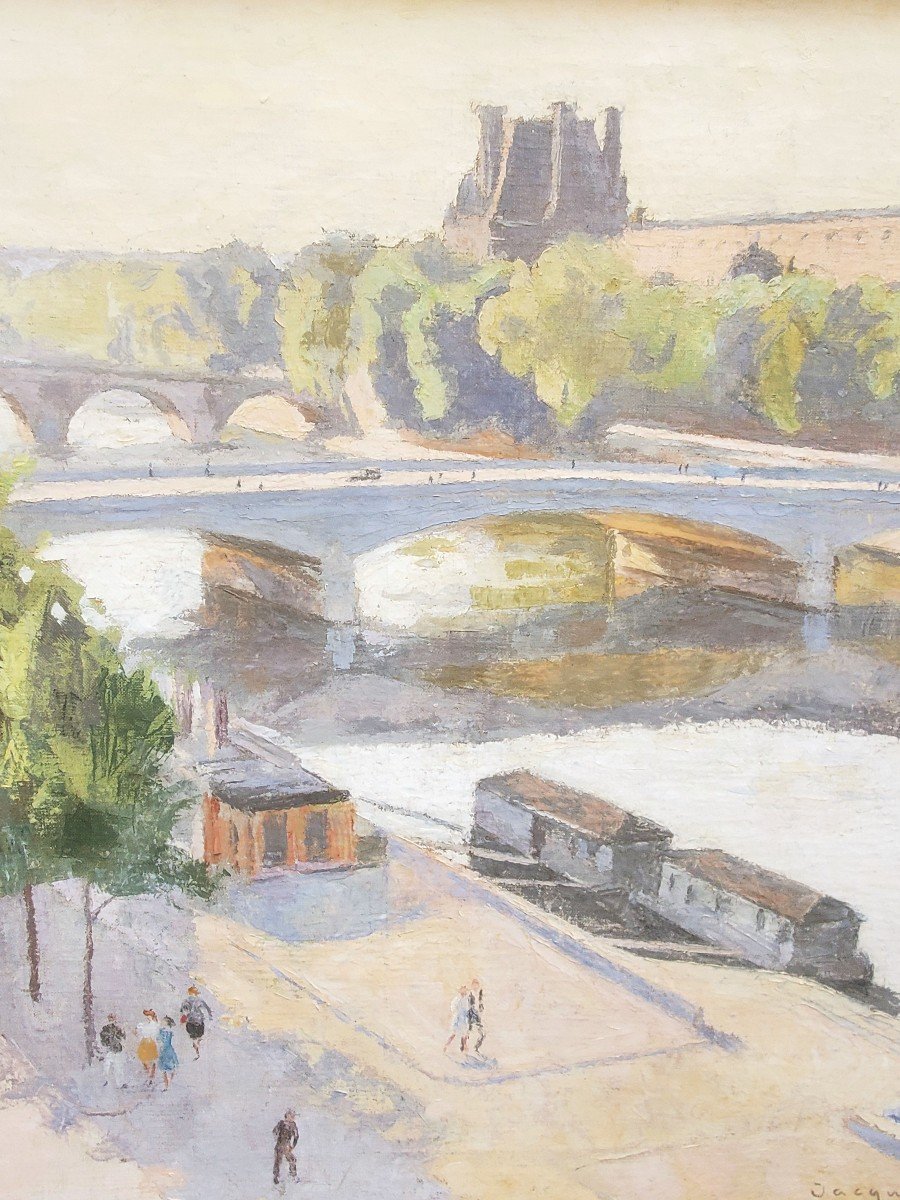 Huile Sur Toile, Le Louvre Et La Seine Par Jacques Brissaud-photo-3