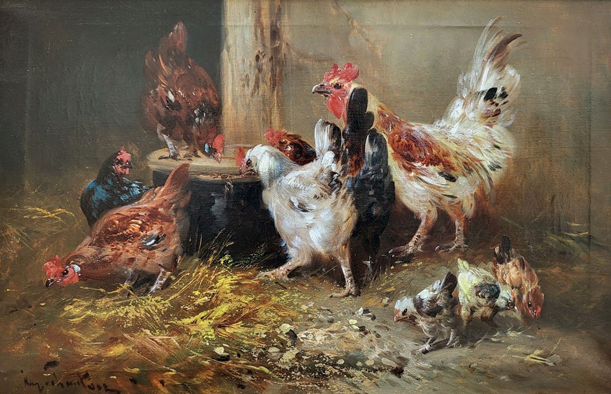 Huiles Sur Toiles, Basse-cour, Poules Et Coqs Par Henri Schouten-photo-3