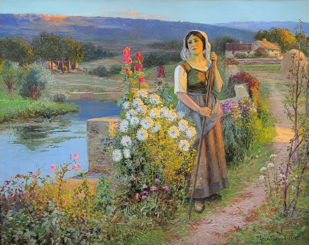 Oil On Canvas, Woman In A Flower Garden By Jean Beauduin-photo-2