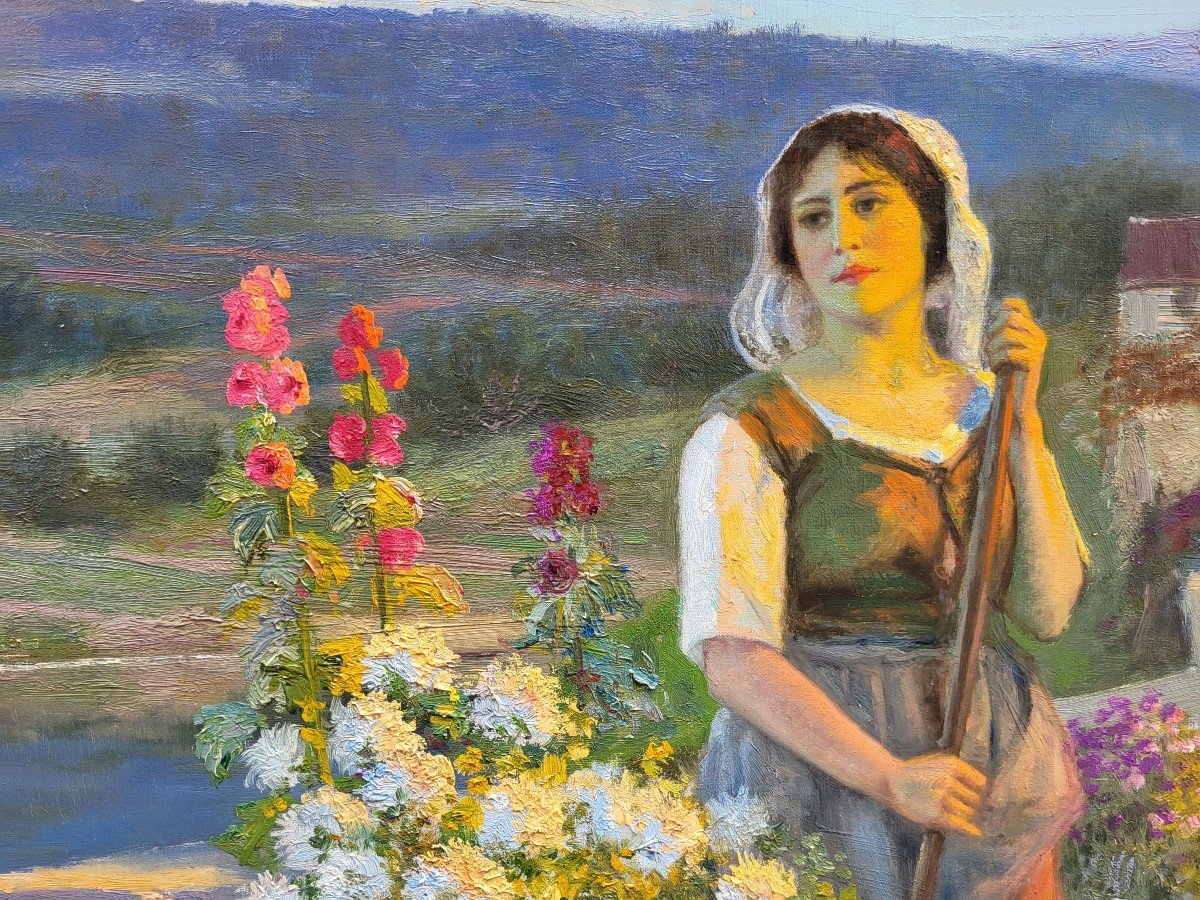 Oil On Canvas, Woman In A Flower Garden By Jean Beauduin-photo-3