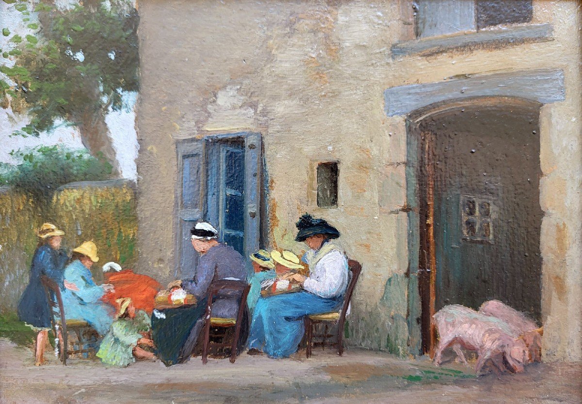 An Oil On Cato, Family Scene On The Farm By Gustave Poetzsch  -photo-2