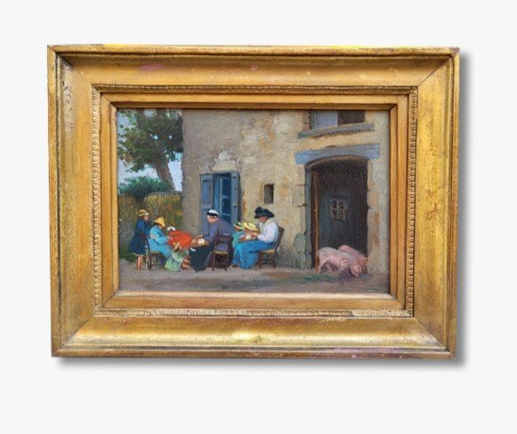 An Oil On Cato, Family Scene On The Farm By Gustave Poetzsch  