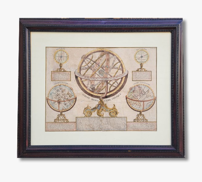 Watercolor Engraving, 18th Century Armillary Sphere 