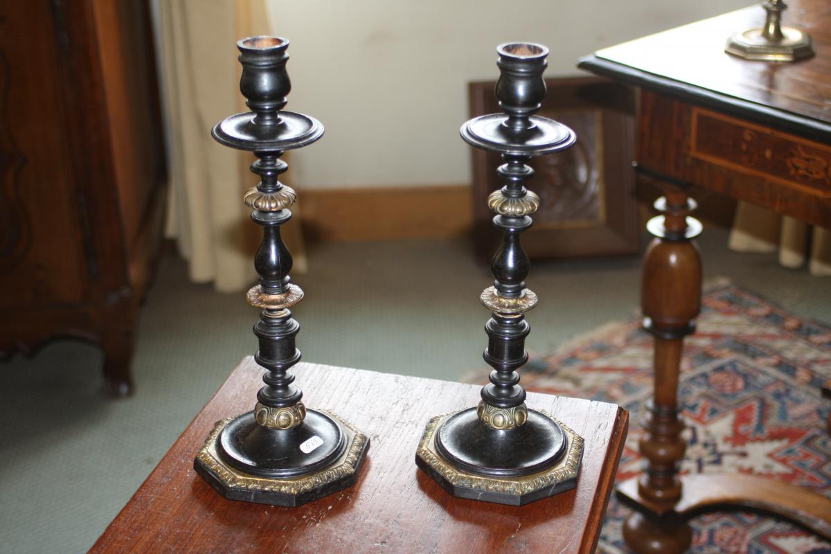 Candle Holders In Blackened Wood And Bronze Style Louis XIV-photo-2