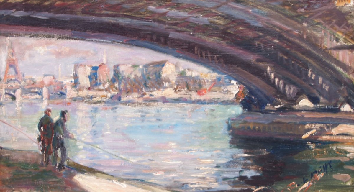 Oil On Isorel, Fishermen In Paris By Lucienne De Meiffren-photo-2