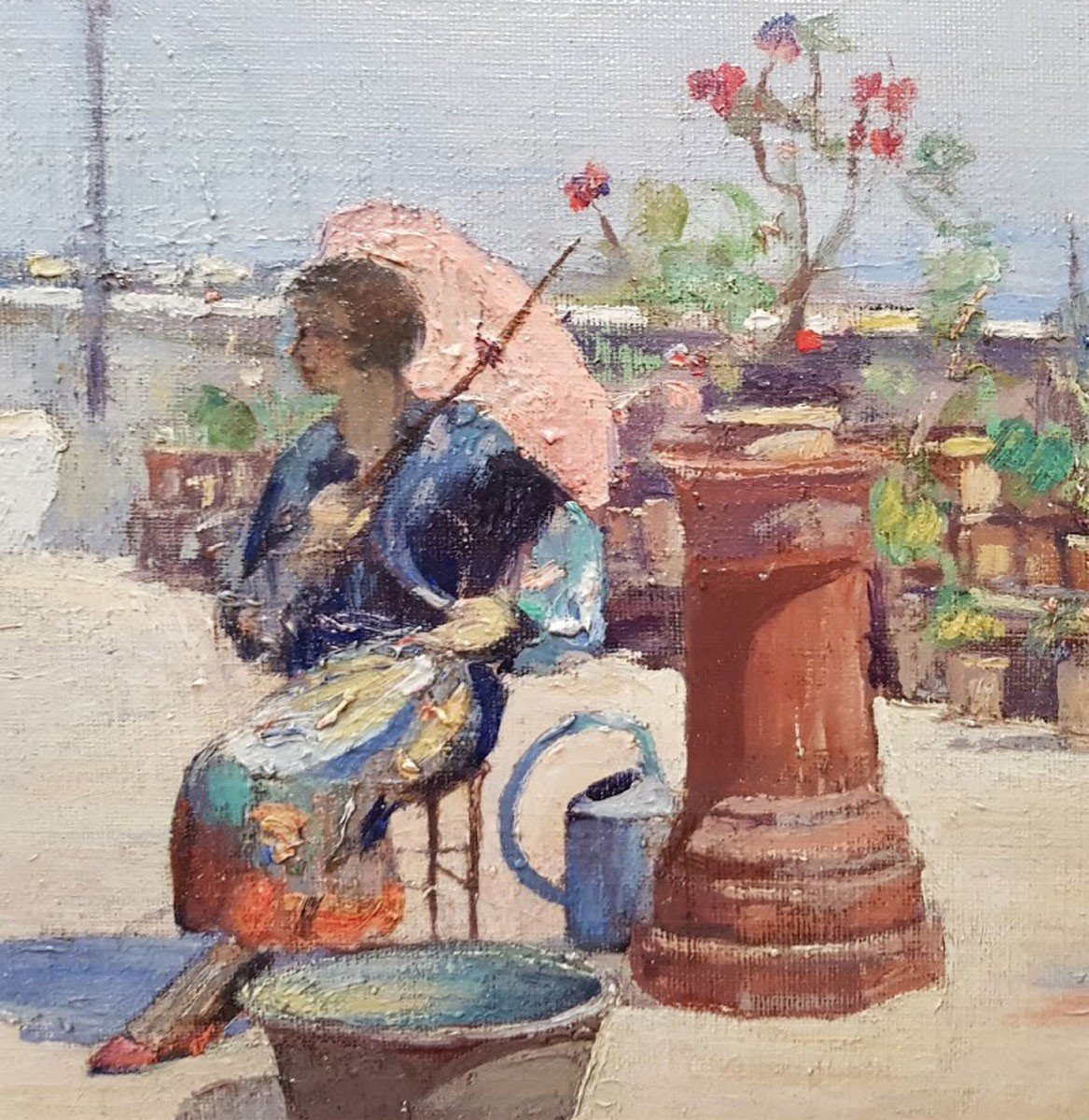 An Oil On Wood, Woman With A Parasol By Hugo De Palma-photo-3