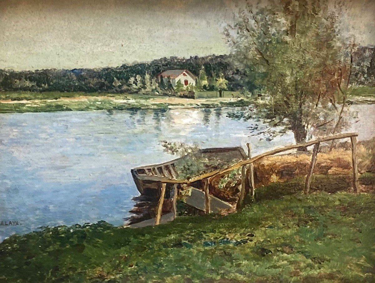 A Small Oil On Panel, Riverside By Enrique Atalaya-photo-2