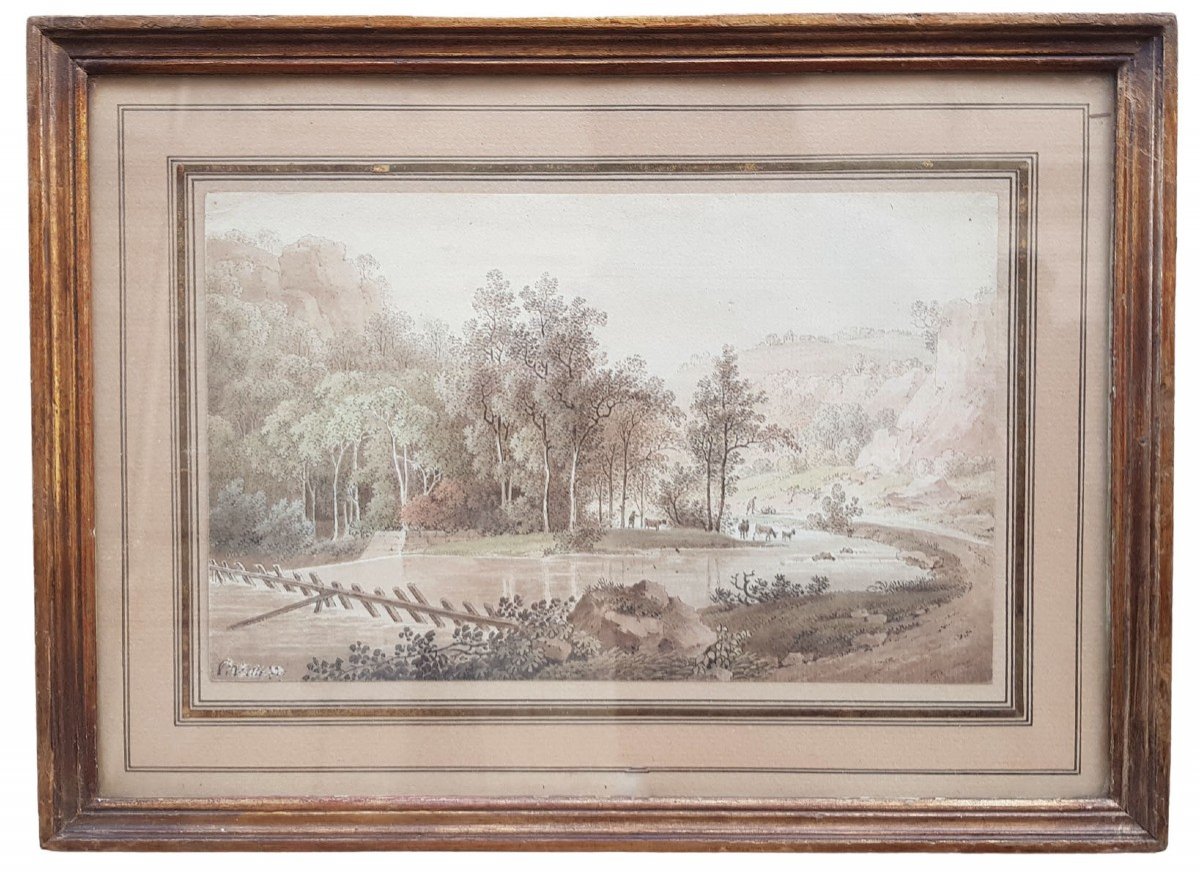 Watercolor, Landscape, Pond And Wood, Early 19th