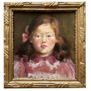 Oil On Cardboard Portrait Of Little Girl