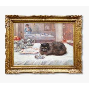 Une Huile Sur Toile, Intérieur Avec Un Chat Par Léon Houbaer