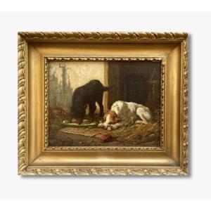 Oil On Panel, Dogs By Vincent De Vos