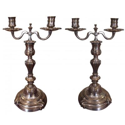 Pair Of Candlesticks With Two Branches In Plated, 18th Century