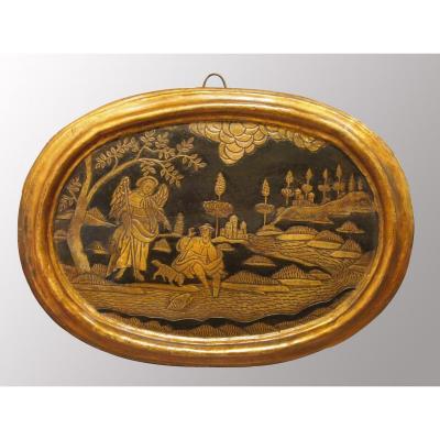 Oval Panel In Polychrome Wood: Tobias And The Angel, 18th Century