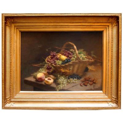 Oil On Canvas, Basket With Fruits, 19th Century