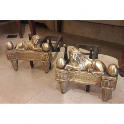 Pair Of Chenets In Bronze With Lions Ep L XVI