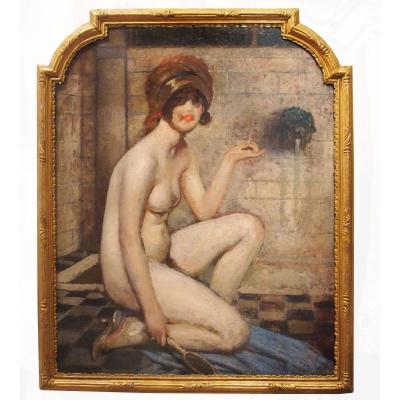 Oil On Cardboard Elegant With Ribbon In The Bath By William Laparra