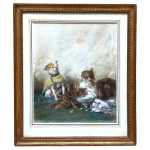 Gouache, Cats And Dogs Playing By Louis-eugène Lambert