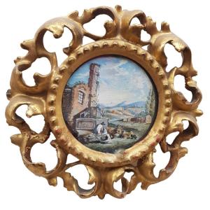 Miniature, Ruines Italiennes Et Berges Fin 18eme 