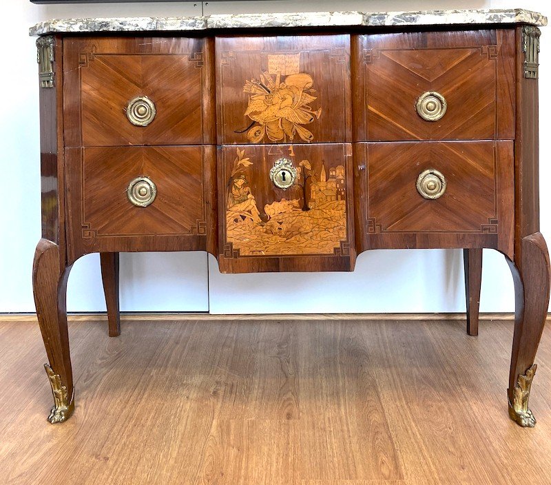 Sauteuse Commode In Marquetry - Louis XV/louis XVI Transition