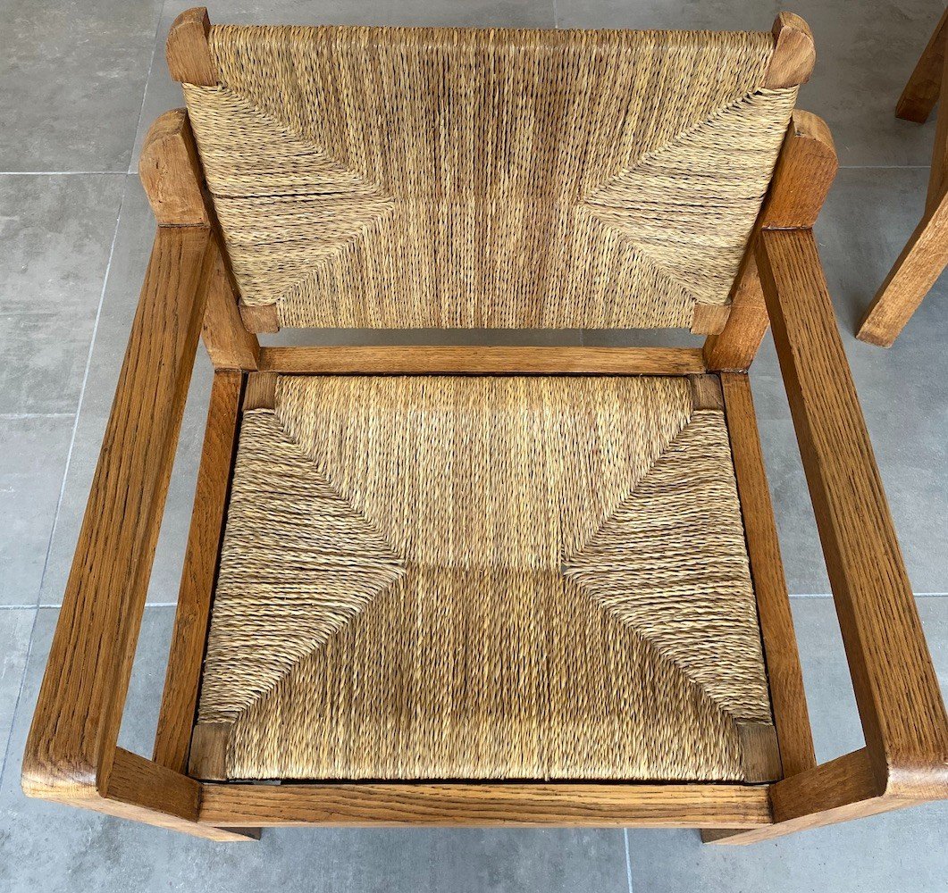 Paire de fauteuils en bois et paille - Années 1950-photo-3