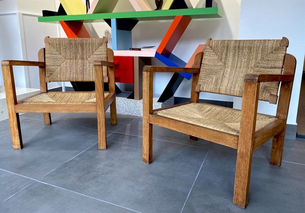 Paire de fauteuils en bois et paille - Années 1950