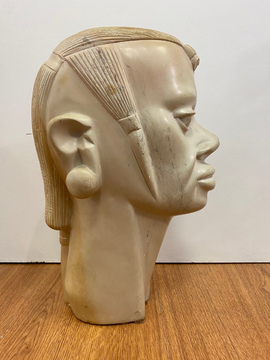 African Carved Head In Hard Stone-photo-3