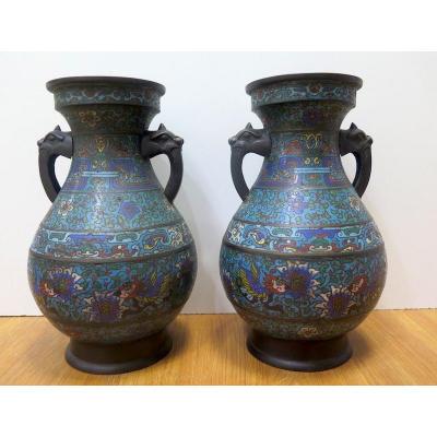 Pair Of Asian Cloisonne Vase Early Twentieth