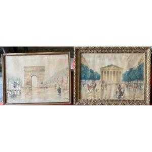 Pair Of Watercolors By E. Saulnier View Of Paris